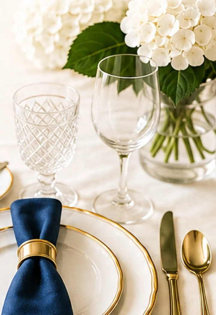 Elegant table setting with white plates edged in gold, a blue cloth napkin with a gold napkin ring, gold utensils including a knife and a spoon, and glassware including a crystal-patterned water glass and an empty wine glass, with a backdrop of a whi