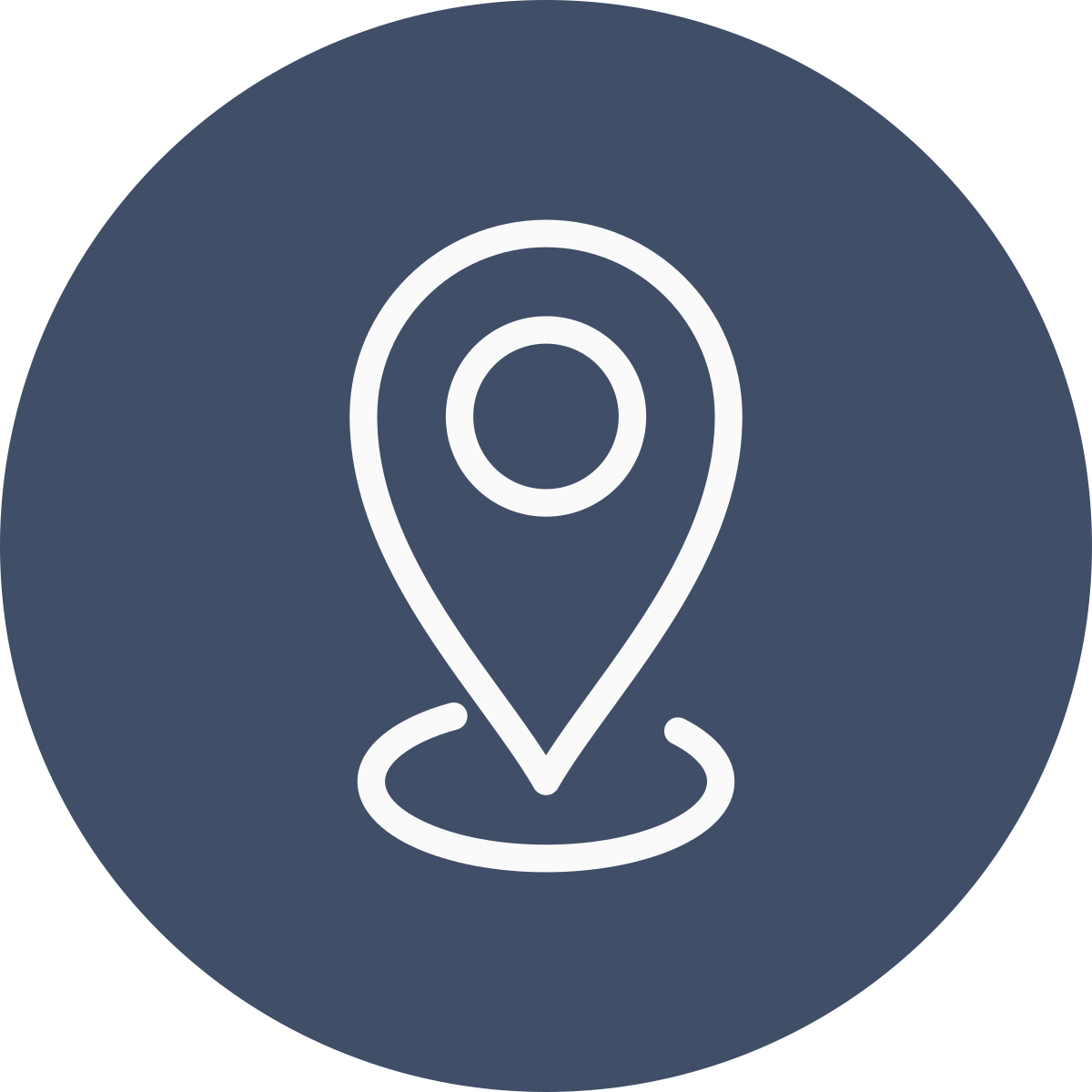 Map pin icon on a dark blue circular background.
