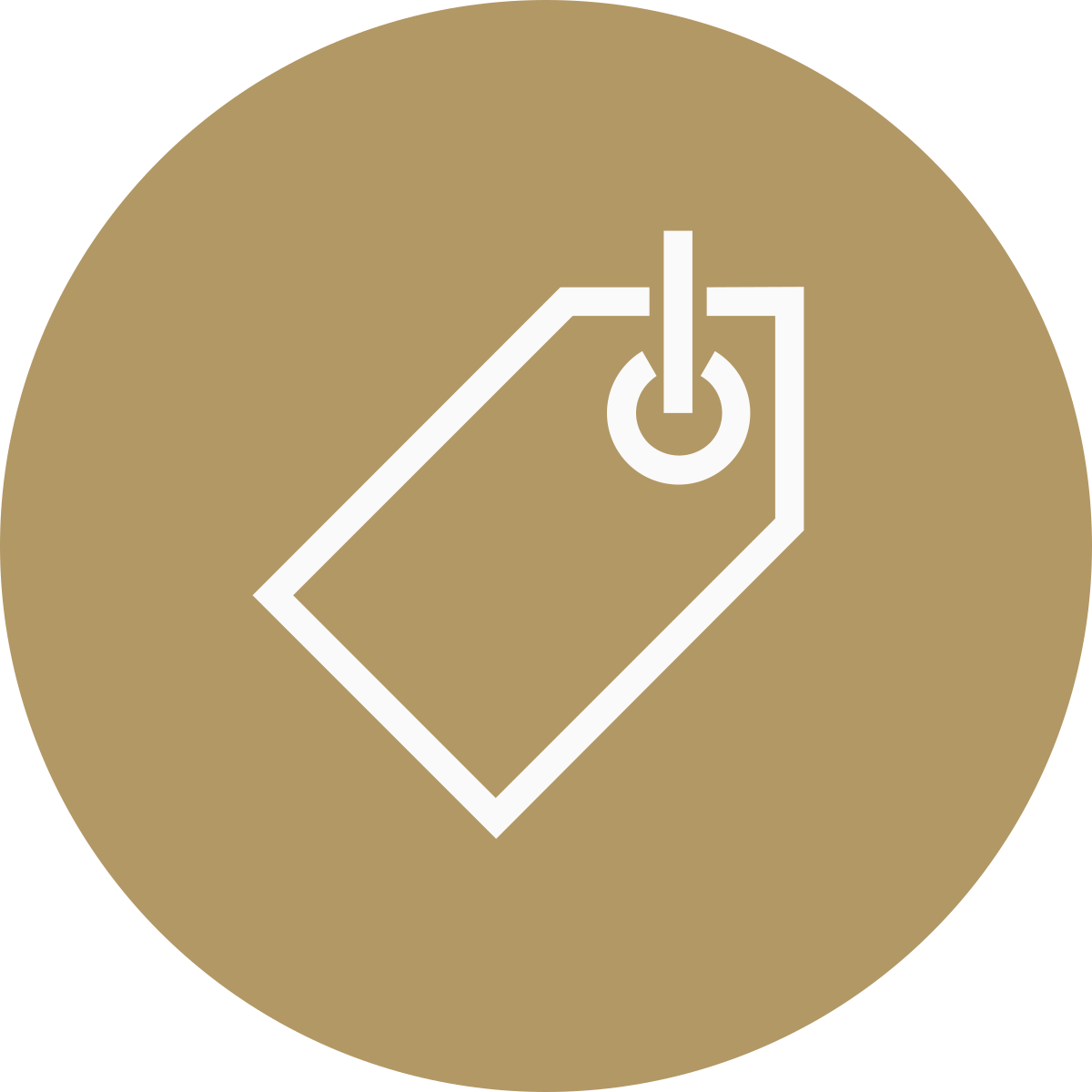 An icon of a price tag with a hole at the top, inside a beige circle.