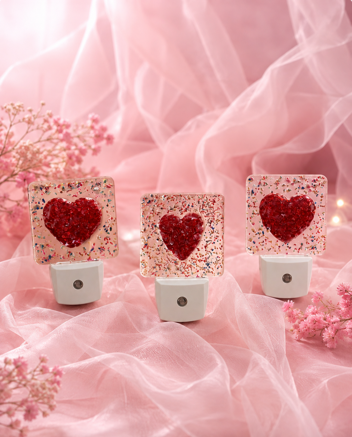Three decorative lamps with red heart designs inside, decorated with colorful confetti, on a pink fabric background with pink flowers and soft lighting.