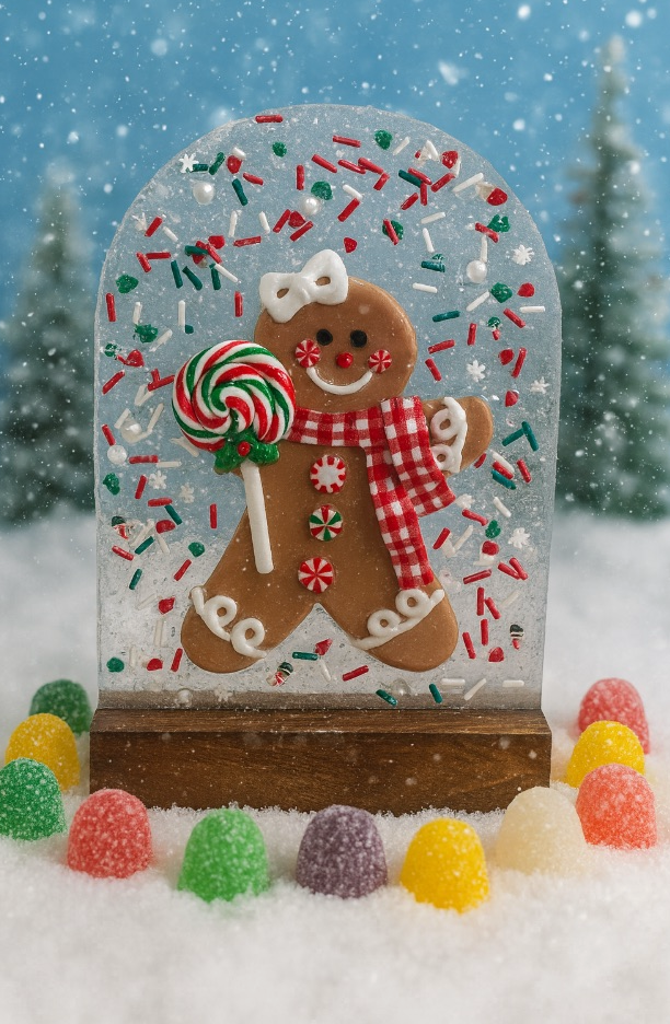 Gingerbread man cookie inside a snow globe, decorated with a white bow, red and white scarf, holding a peppermint candy lollipop, surrounded by colorful candies and snow, with a snowy outdoor background.