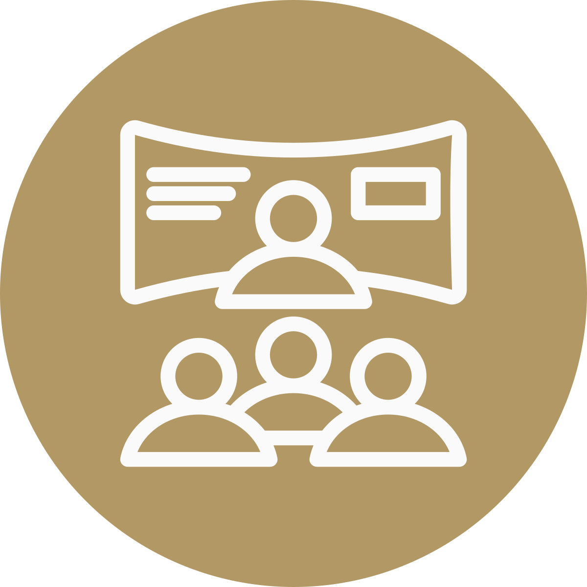 Icon of a person giving a presentation on a screen to three seated people, representing a presentation or training session.