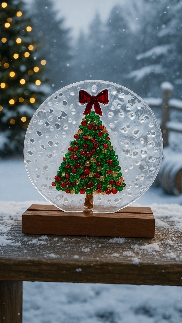 A snow globe featuring a decorated Christmas tree with a red bow on top, sitting on a wooden base outdoors during a snowy winter evening, with a Christmas tree with lights in the background.