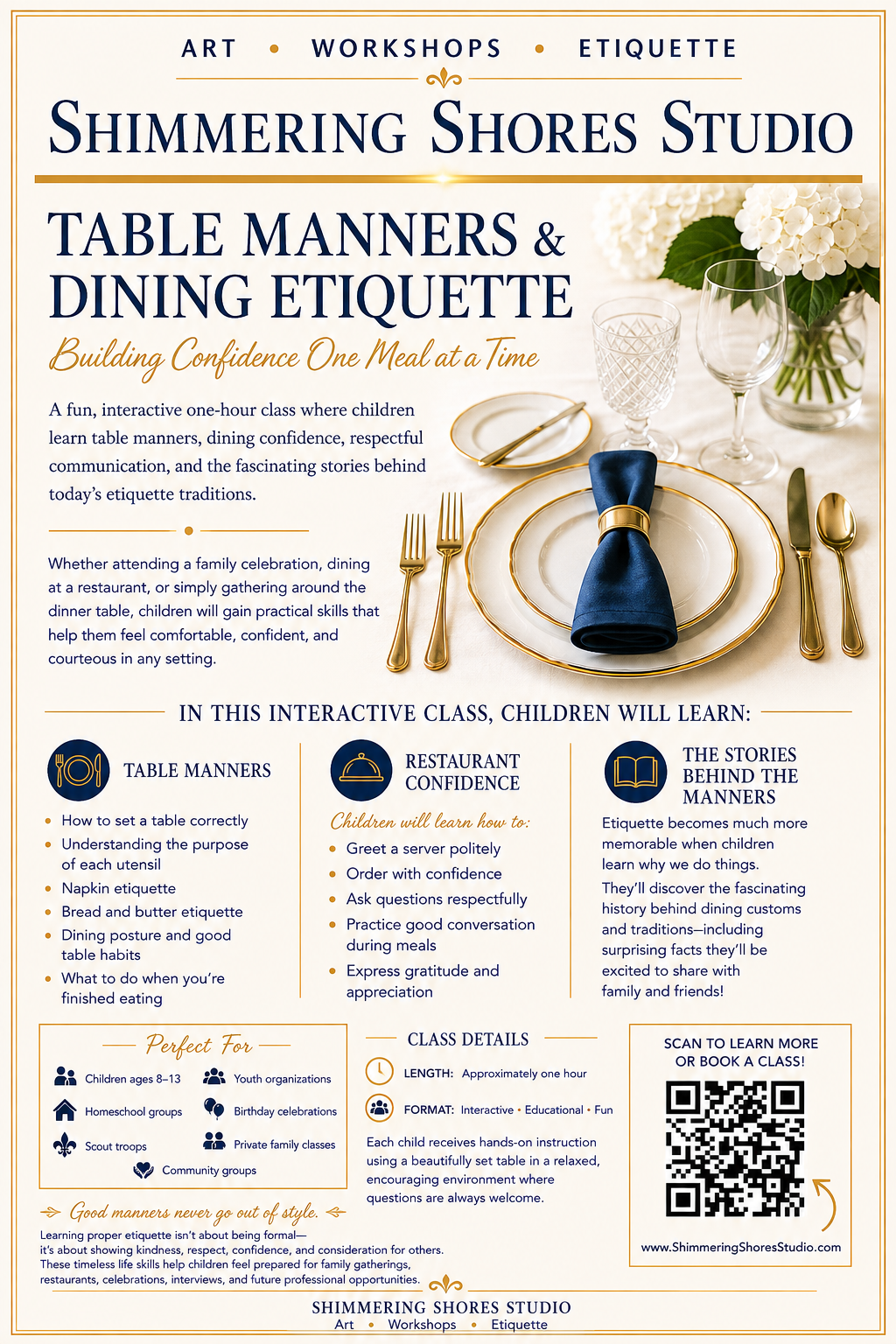 An informational flyer for Shimmering Shores Studio promoting a class on table manners and dining etiquette. The flyer features elegant tableware including plates, glasses, a napkin, and cutlery, alongside a bouquet of white flowers.