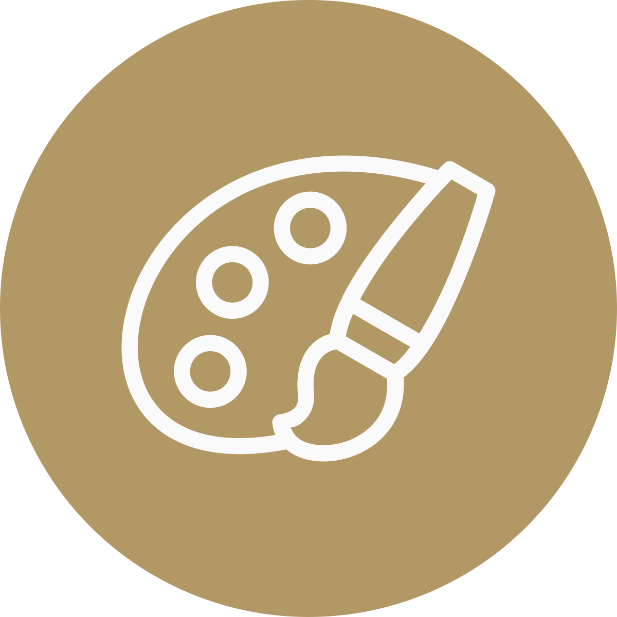 Icon of a painter's palette with three paint circles and a paintbrush, on a brown circular background.