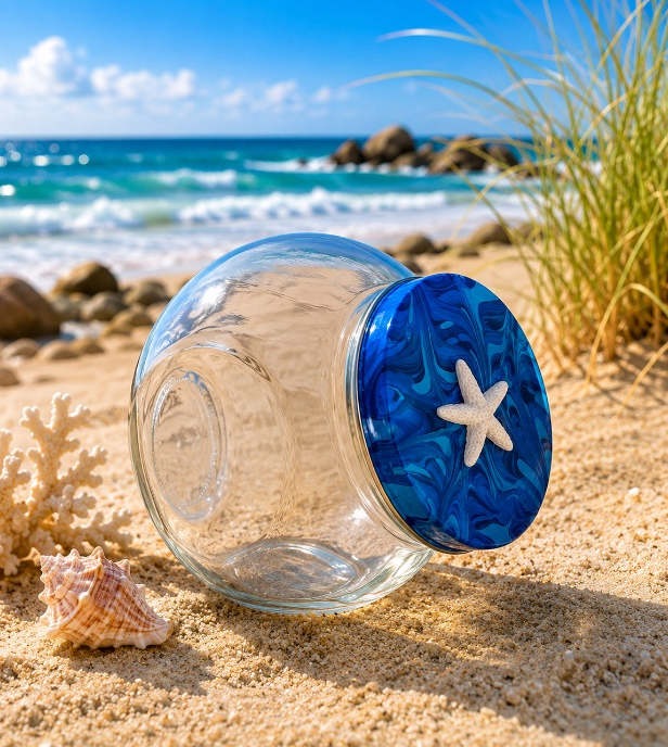 Empty glass jar with a blue lid decorated with a starfish, lying on sandy beach near seashells and coral, with ocean waves and clear blue sky in the background.