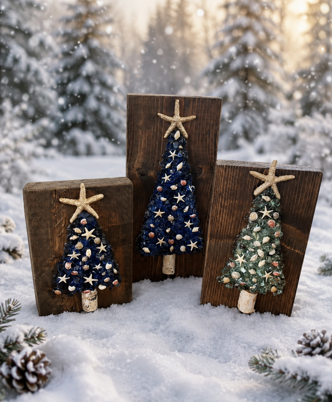 Three handmade Christmas trees decorated with starfish and seashells, mounted on wooden planks, standing on snow with a snowy forest background.