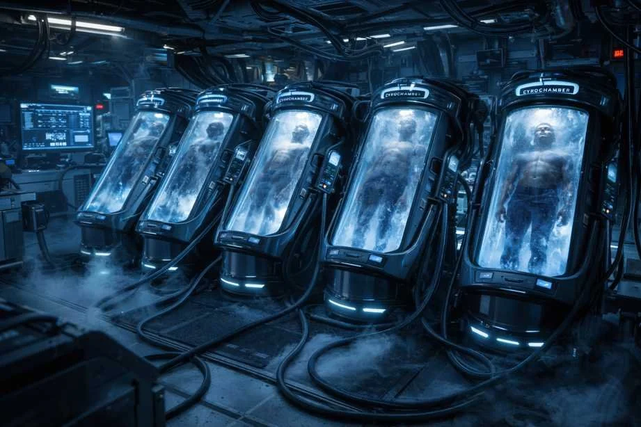 Five futuristic cryogenic chambers with humans inside in a high-tech lab setting.