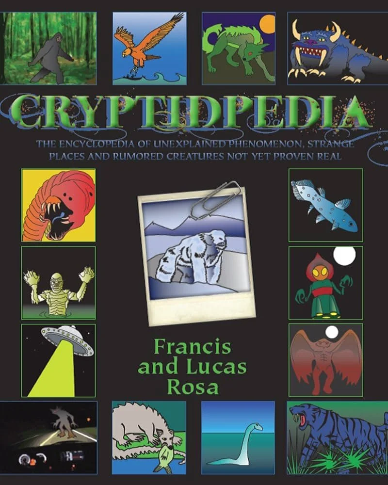 Book cover of 'Cryptpedia' featuring illustrations of mysterious and mythical creatures, including a gorilla, phoenix, reptilian monster, dragon, alien, giant insect, fish, demon, Bat-like creature, and dinosaur, with a central photo of a polar bear.