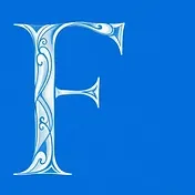 Blue background with a large, ornate white letter 'F'.