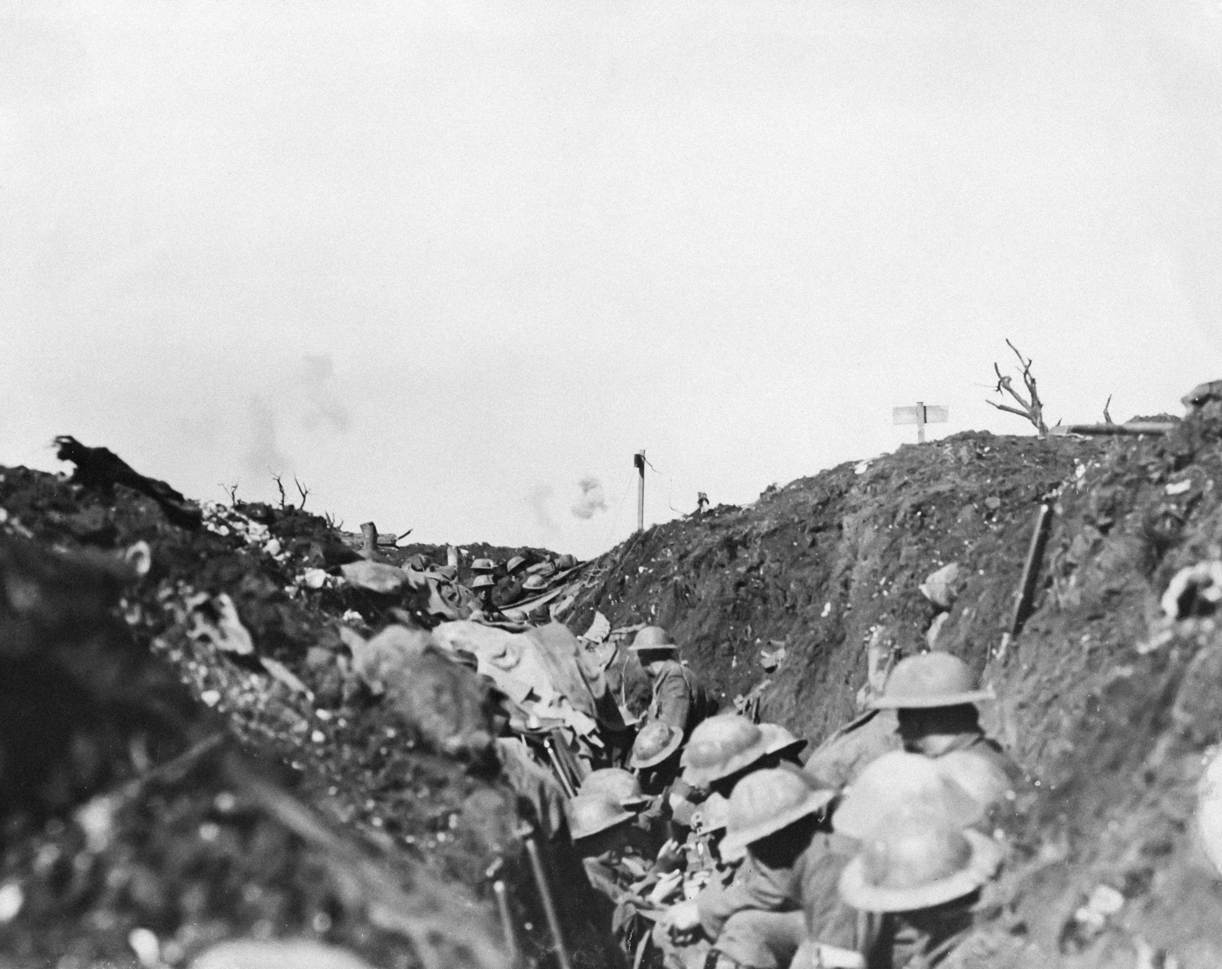 A black and white photograph of a barren landscape with burned trees and debris scattered across the ground, with a cloudy sky overhead.