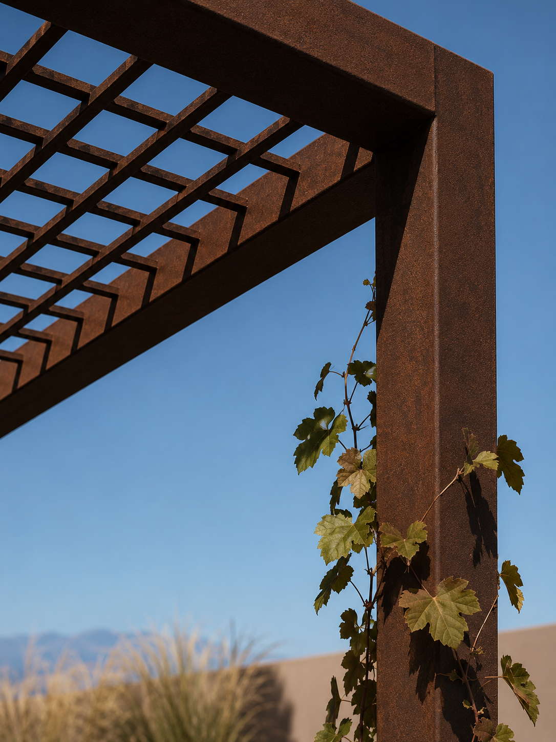 Close-up of a rusty metal structure with a horizontal and vertical beam, partially covered by green ivy leaves, against a bright blue sky and distant mountains.