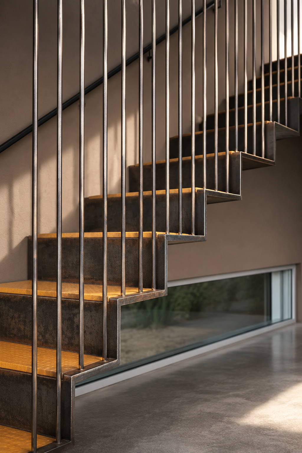 Modern staircase with metal railings and exposed stairs, next to a large window.