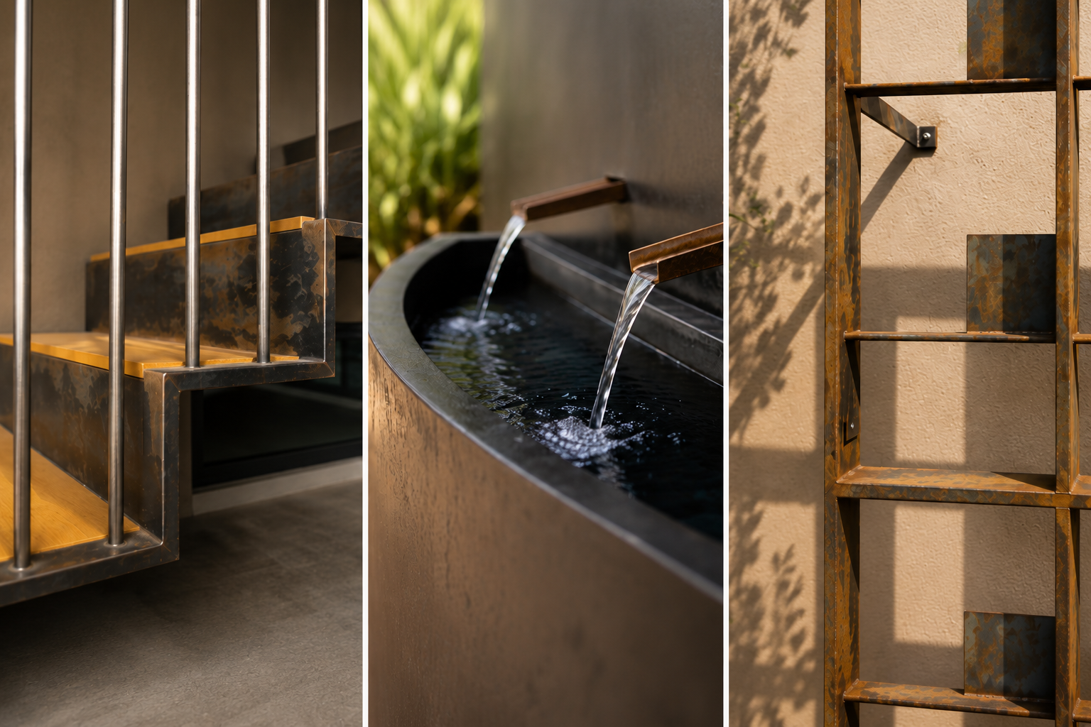 Close-up of modern outdoor decor with metal elements, including staircase railing on the left, water flowing from a fountain in the center, and a rusty metal ladder casting shadow on a beige wall on the right.