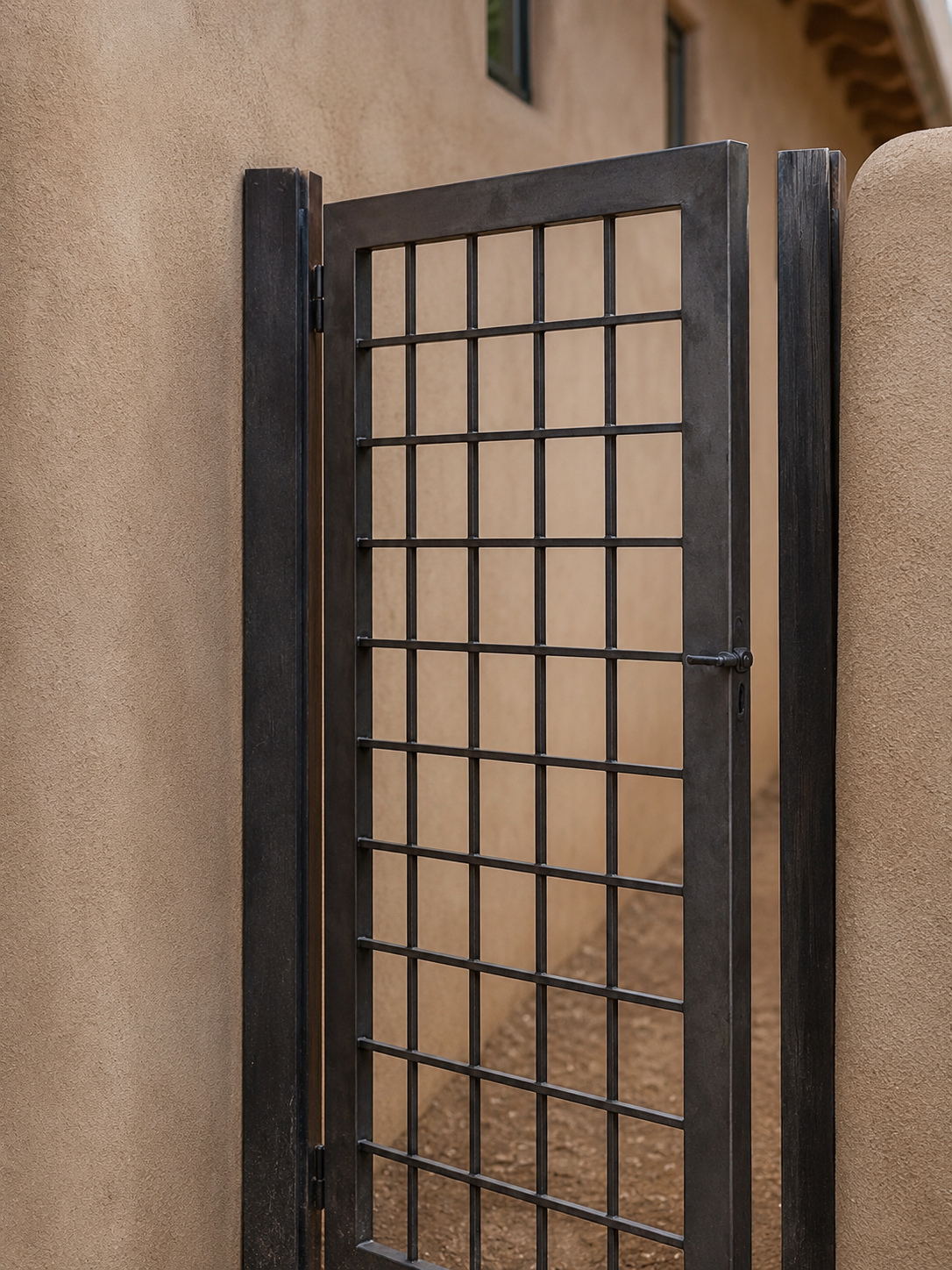 A black metal gate with a grid design made by New mexico Metal Works