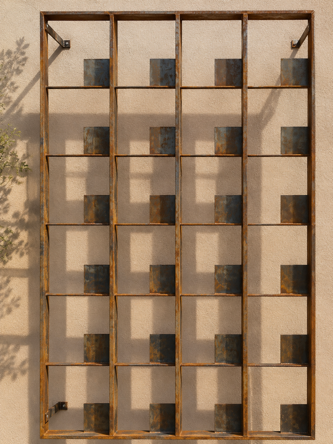 A metal grid with multiple square compartments mounted on a beige stucco wall, with shadows cast by sunlight and a small plant on the left side.