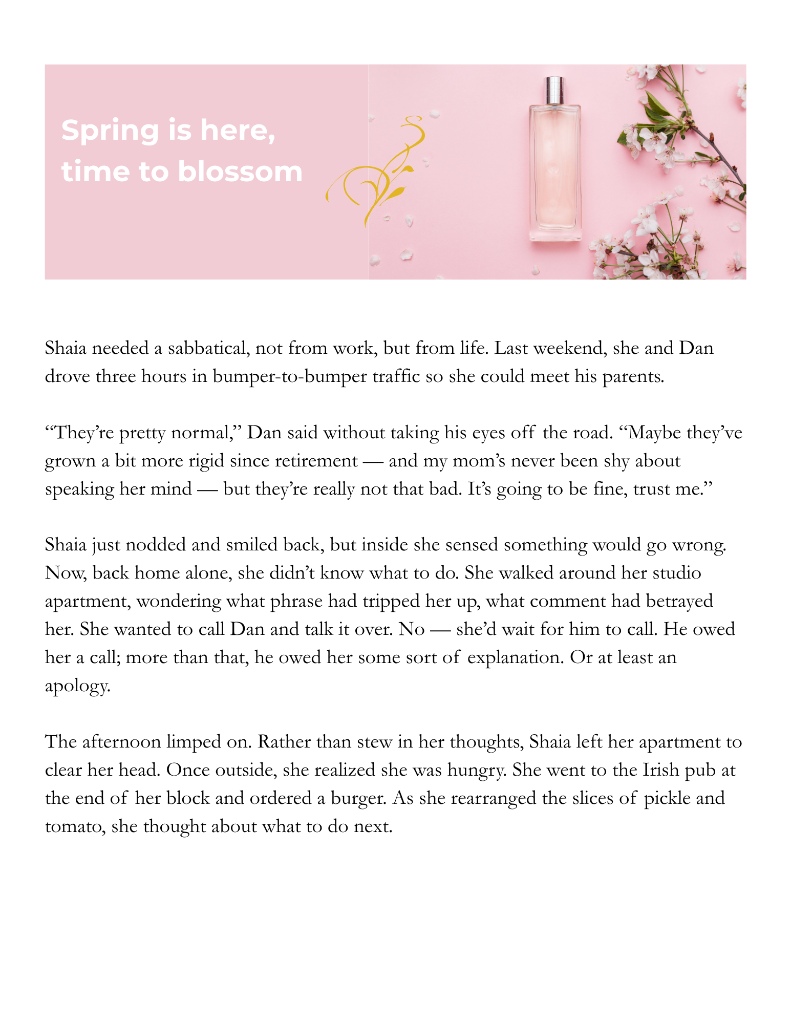 A digital book page with a pink header featuring white bold text that reads 'Spring is here, time to blossom' next to an image of a perfume bottle and cherry blossoms on a pink background.