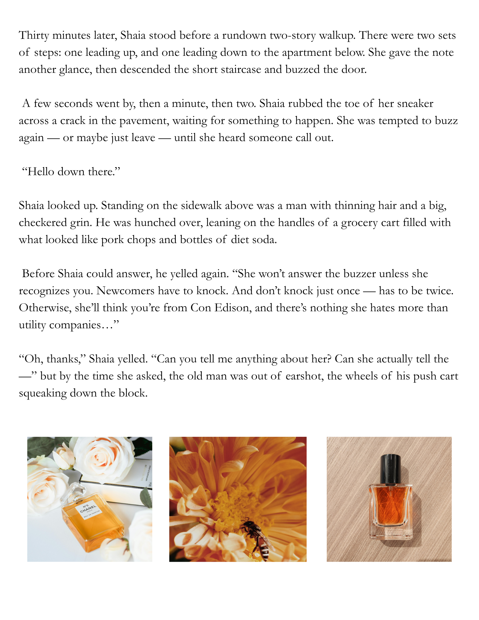 An open book displaying a page of text with images of white roses, orange flowers, and perfume bottles at the bottom.