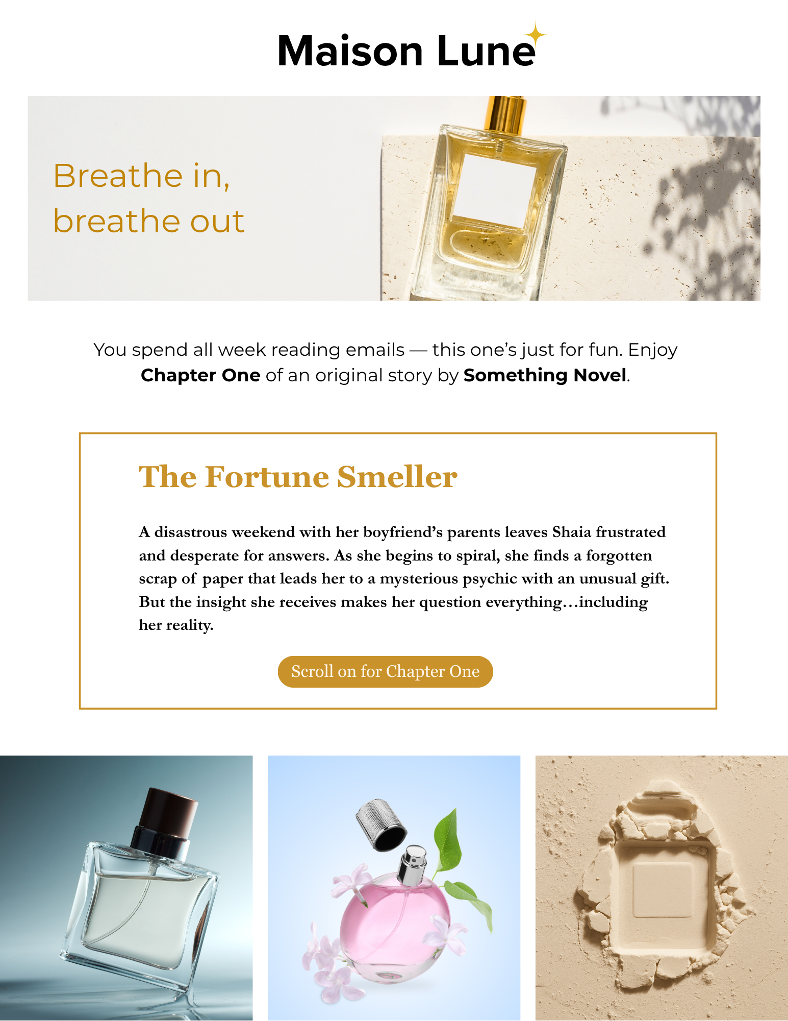 A promotional webpage for Maison Lune featuring perfume bottles, with the headline "Breathe in, breathe out" and a chapter titled "The Fortune Smeller".