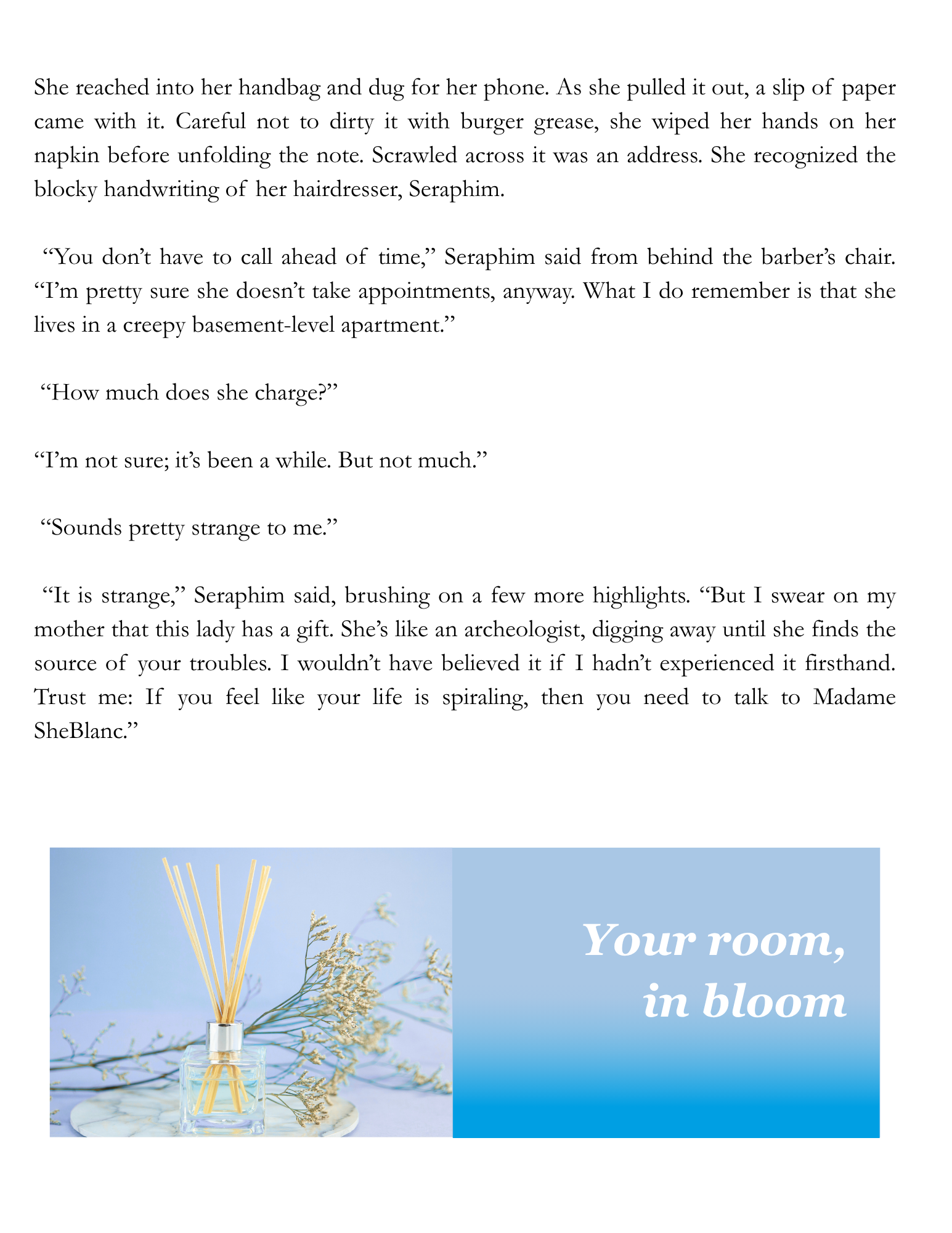 A magazine page with text and a photo of a reed diffuser with long, thin sticks in a glass container, surrounded by dried plants, against a blue background.