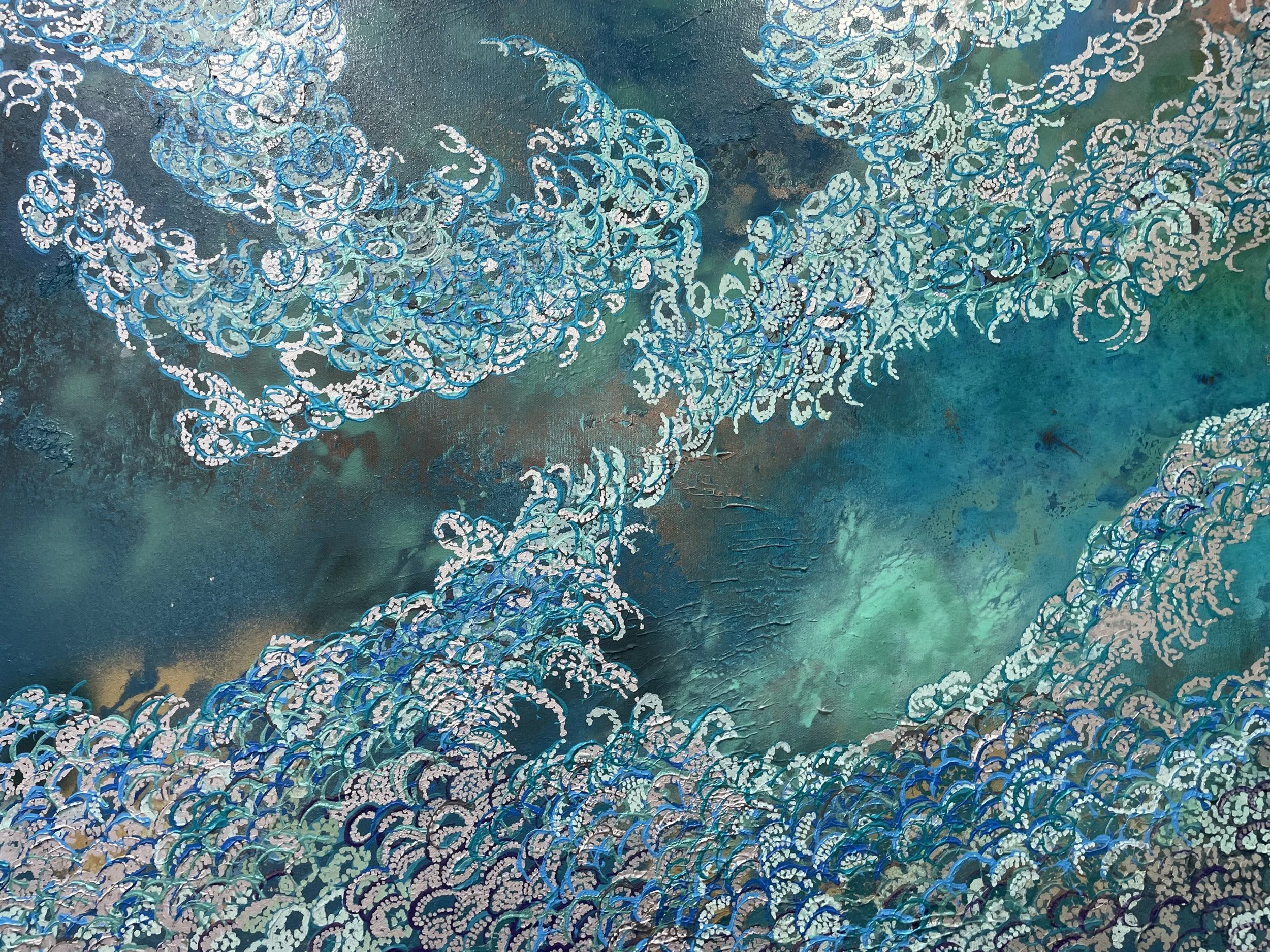 An abstract painting with swirling patterns in shades of blue, white, and teal on a textured background.