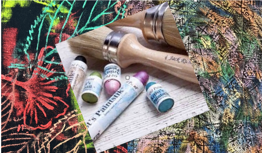 A collage of colorful and abstract backgrounds with a central image of stamping supplies, including rubber stamps, ink pads, and ink sticks.