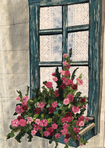 Colorful pink and purple flowers blooming on a windowsill with a rustic teal window frame and lace curtains.