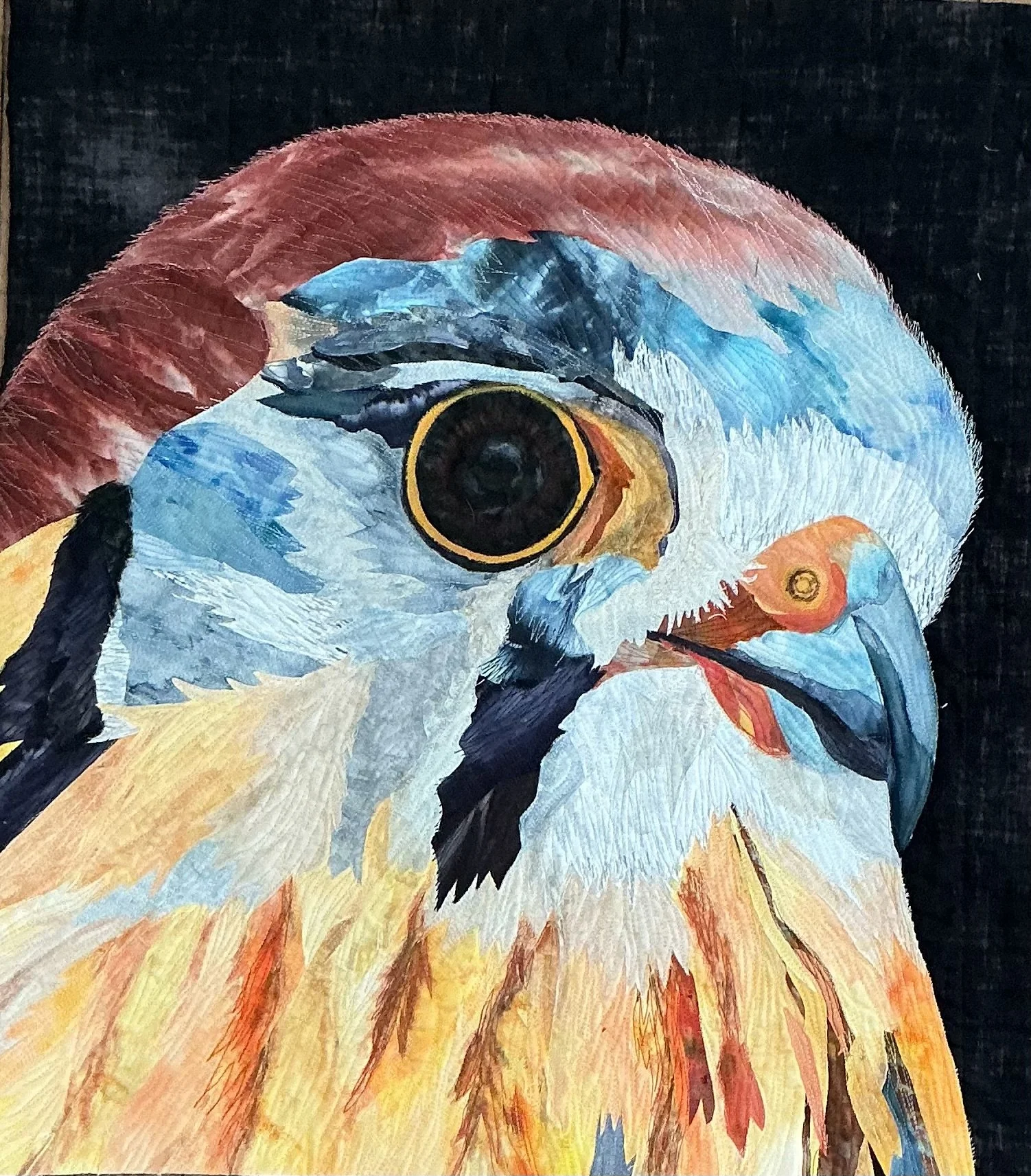 Close-up of a colorful painting of a bird, featuring detailed feathers and striking eye, with bright shades of red, blue, orange, and yellow.