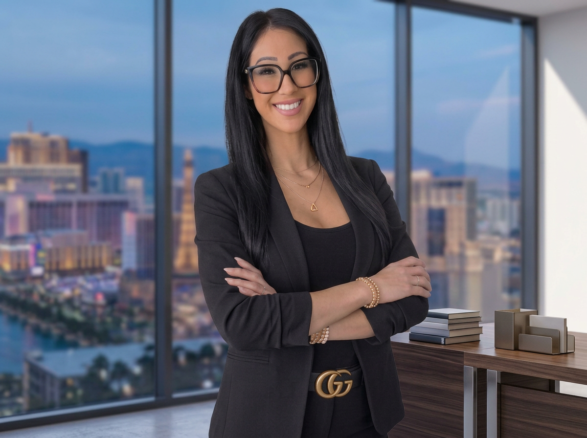 A woman with long black hair, glasses, and a black blazer smiles with arms crossed, standing in a modern office with large windows overlooking a city skyline.