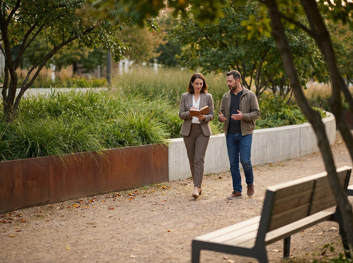 A man and a woman walking together on a park pathway, having a conversation. The woman is holding a notebook or journal, and the man is gesturing with his hands. They are surrounded by greenery with trees and bushes, and there are benches along the pathway.