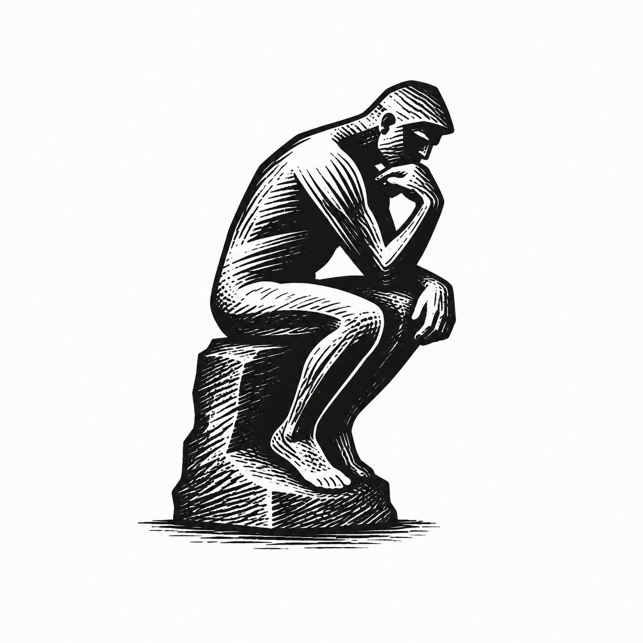 Black and white illustration of a person sitting on a rock, in a contemplative pose, with their hand on their chin.