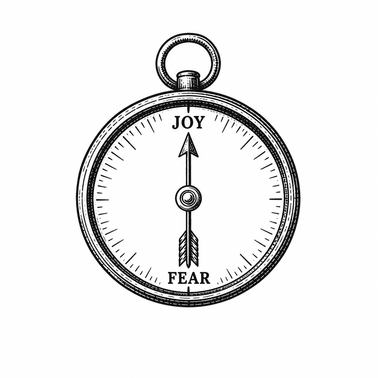 A black-and-white illustration of a compass with the words 'Joy' at the top and 'Fear' at the bottom, indicating a concept of consciously choosing joy over fear.
