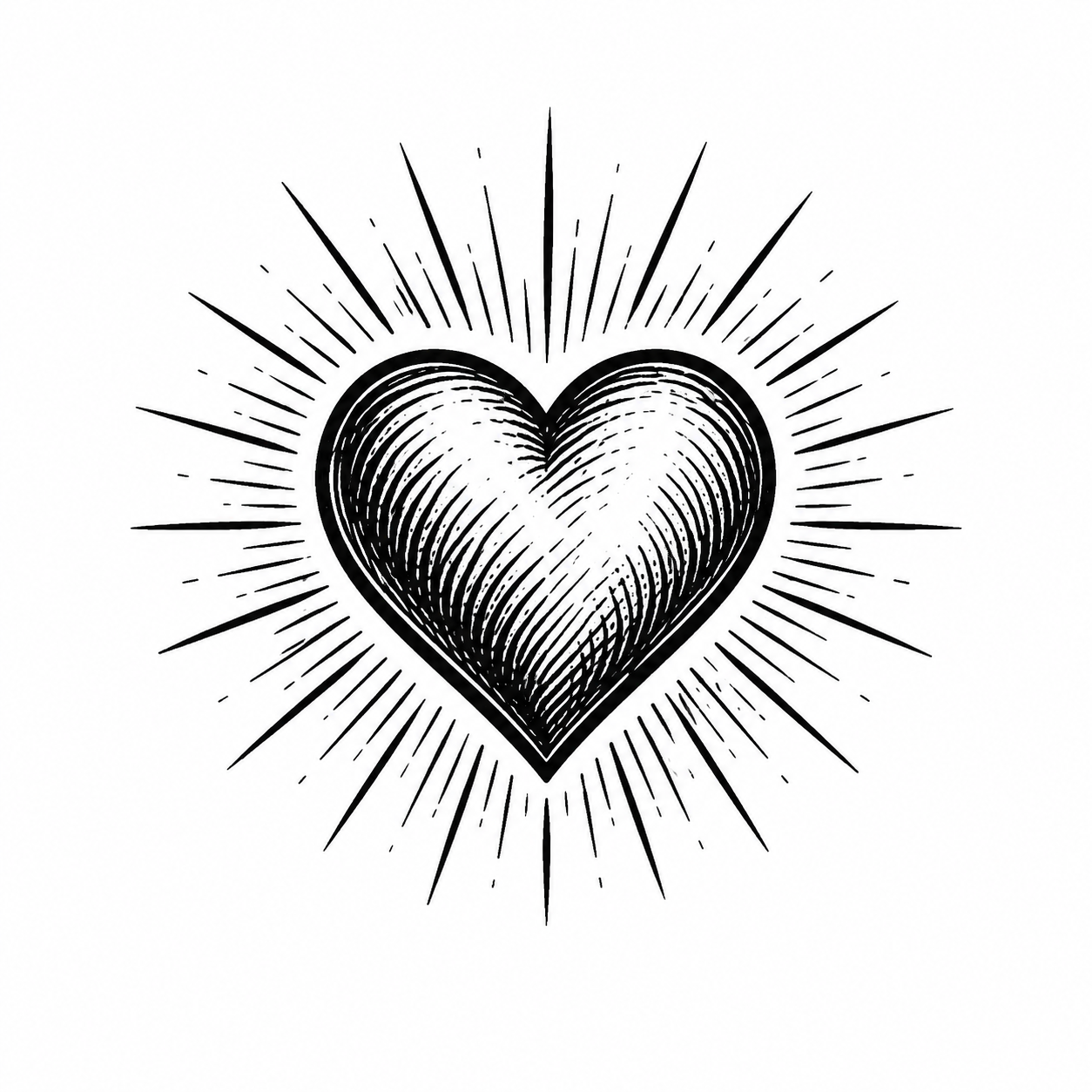 Black and white illustration of a heart with radiating lines around it, creating a glowing effect.