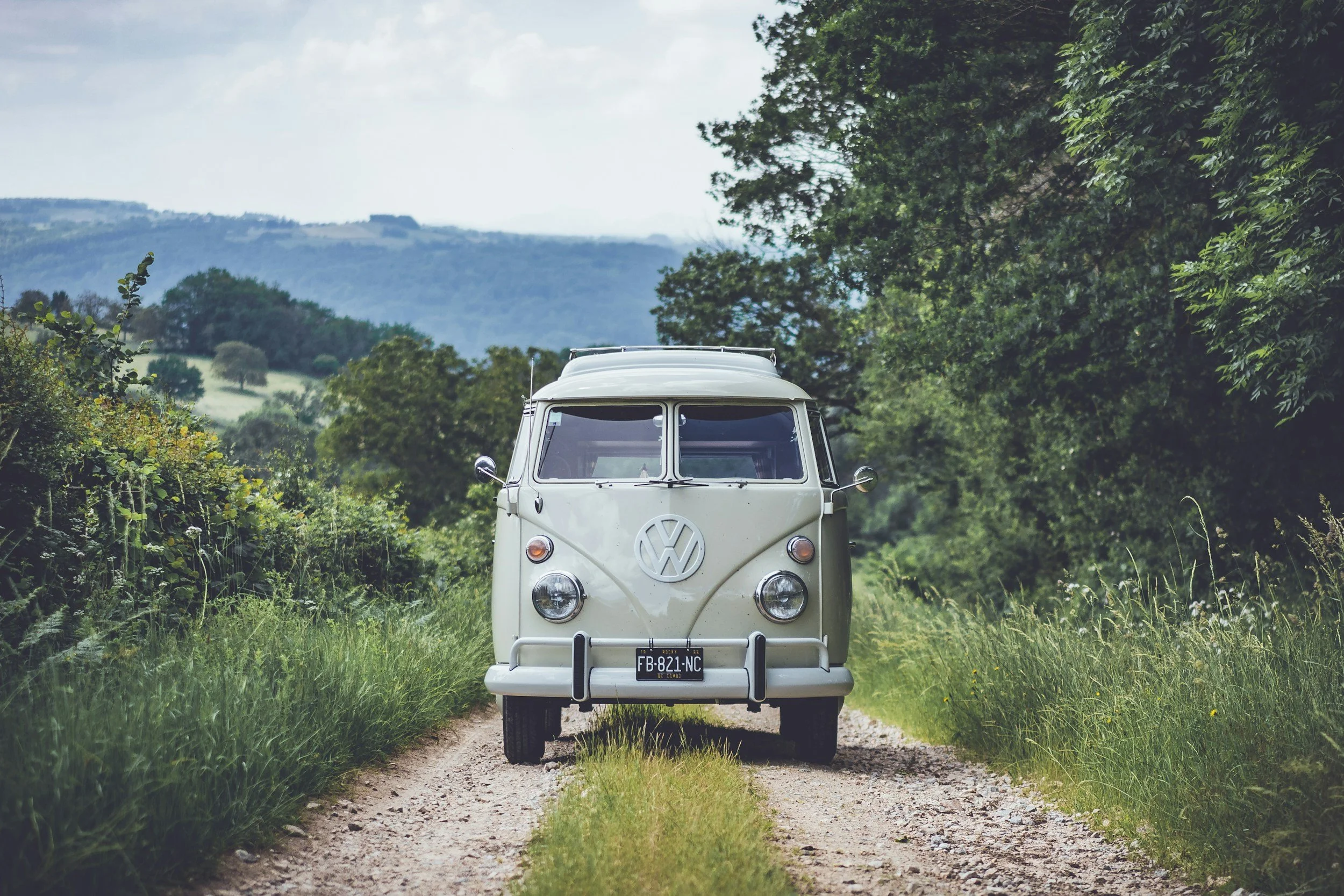 A vintage white Volkswagen van with a California license plate, parked on a dirt path in a lush green forest with rolling hills in the background.