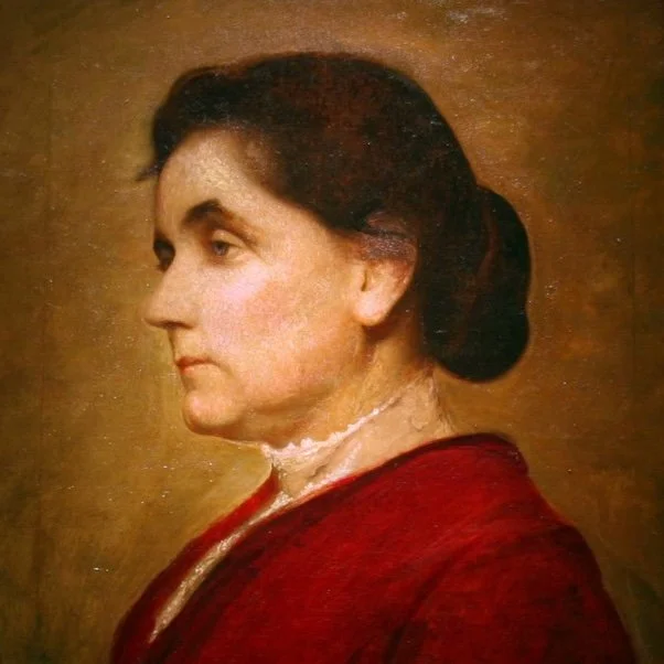 A painting of a Jane Addams with dark hair styled in a bun, wearing a red garment, with a neutral expression and a plain background.