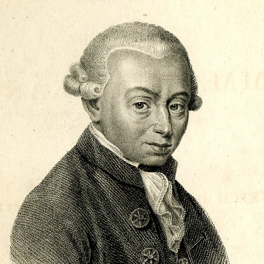 Black and white portrait of Kant with white wig, wearing a dark coat and a cravat.