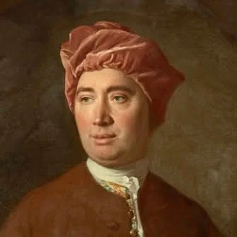 Portrait of David Hume wearing historical clothing and a red headscarf.