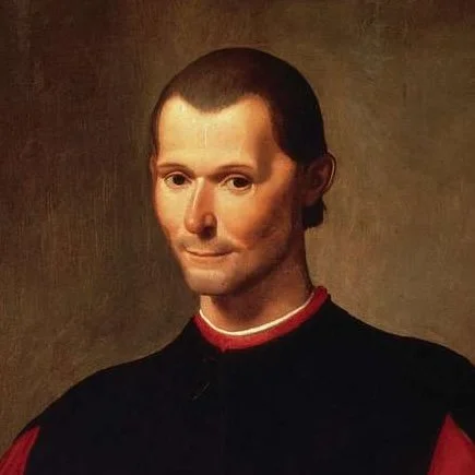 A painting of a Machiavelli in a black and red military uniform with short brown hair and a slight smile.