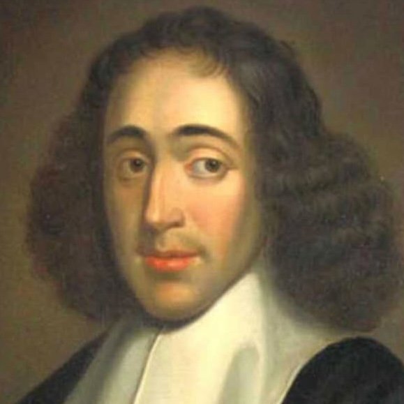 A portrait painting of Spinoza with long, dark curly hair, wearing a white collar and black coat, with a neutral background.