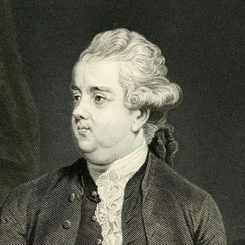 Black and white portrait of Edward Gibbon with styled gray hair, wearing a dark coat and a ruffled shirt, in a classical portrait style.