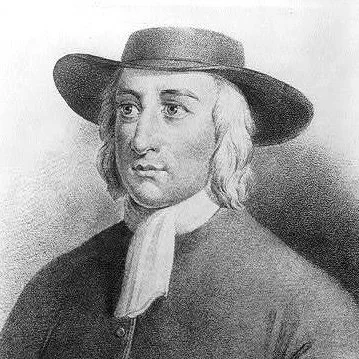 Black and white portrait of George Fox wearing a hat, with long hair, and a neck scarf.