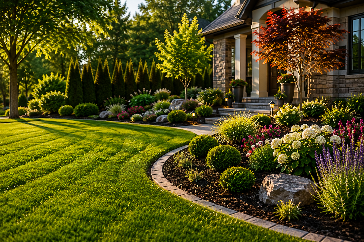 Beautifully landscaped front yard with lush green lawn, colorful flowers, small bushes, and trees next to a house with stone exterior and steps leading up to the porch