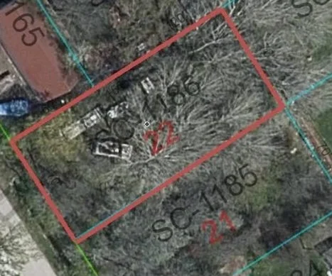 Aerial view of a wooded lot outlined in red, with nearby parcels, road, and property identifiers visible.