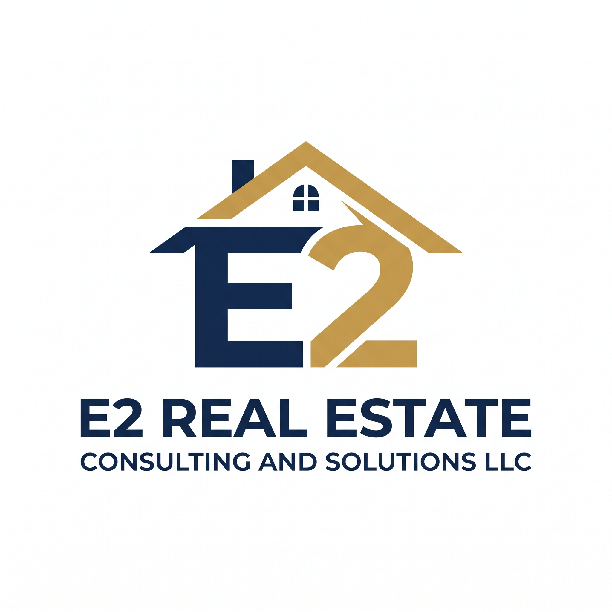 Logo for E2 Real Estate Consulting and Solutions LLC, featuring a house with a navy blue roof and tan walls, with a chimney and arched window, and the company name below.