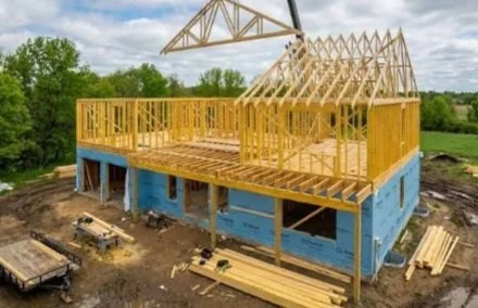 Wooden house under construction with blue exterior sheathing and exposed roof framing, set in a rural area with trees in the background.