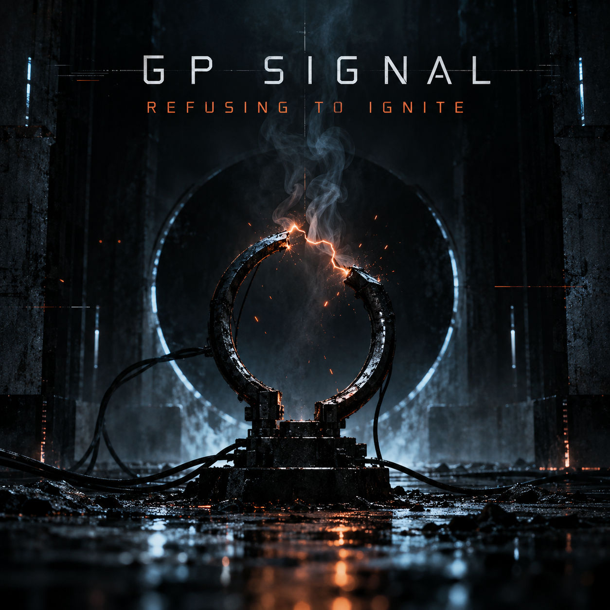 GP Signal – Refusing to Ignite electronic techno single cover artwork, dark industrial visual representing tension, resistance and ignition.