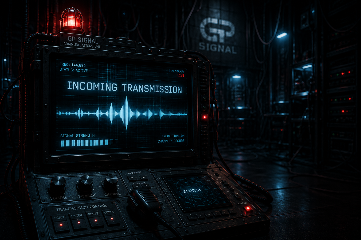 A computer monitor displaying an incoming transmission with a waveform, signal strength bar, and security encryption status in a dark, high-tech server room.
