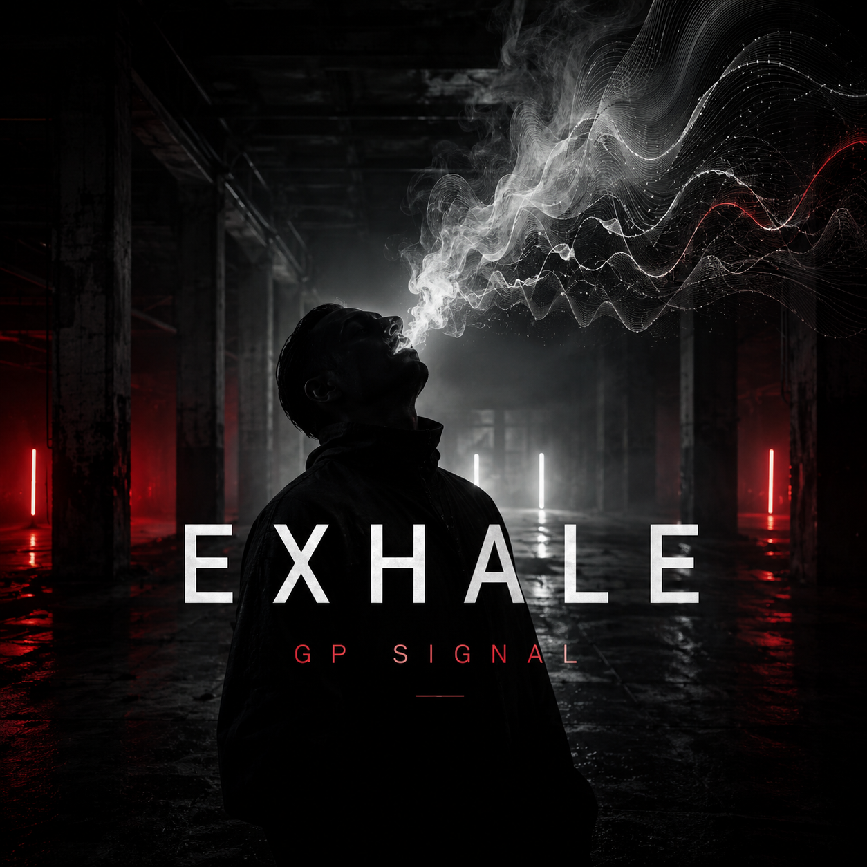 A silhouette of a person exhaling smoke in a dark, industrial-style space with red and white vertical lights. The smoke forms intricate, wave-like patterns. The word 'EXHALE' is displayed in large white letters, and 'GP SIGNAL' is written below in smaller red letters.