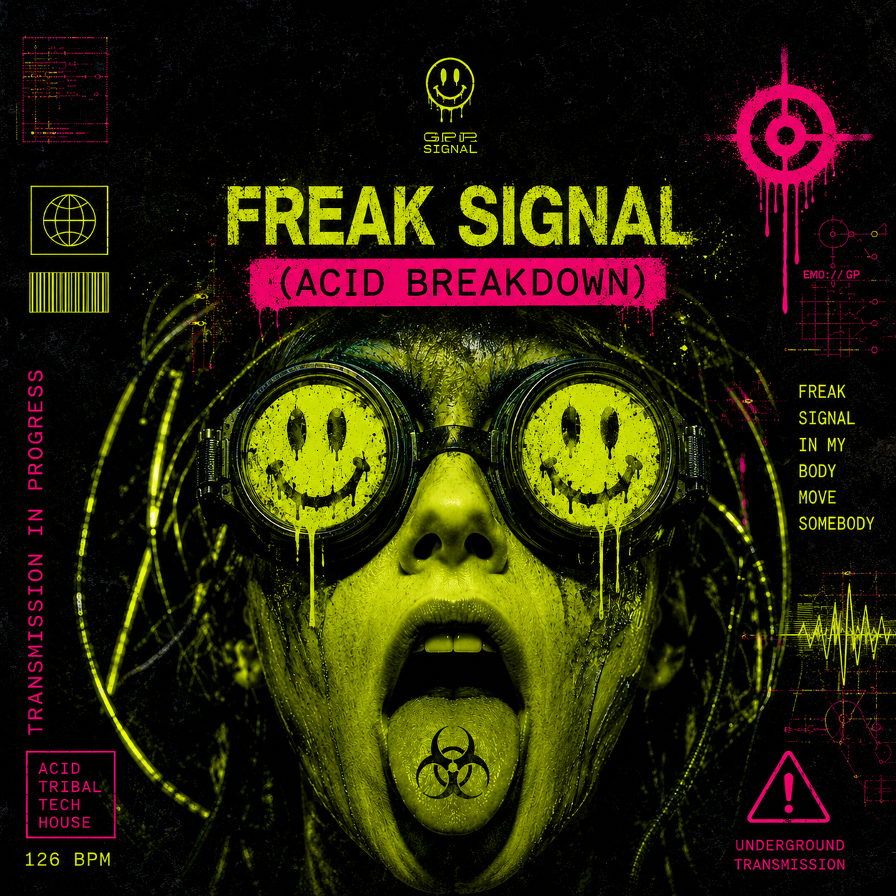 A person with yellow-green skin and vivid horror expression, wearing goggles with smiley faces, surrounded by neon graphic data and warnings, labeled 'Freak Signal (Acid Breakdown)', with text indicating underground transmission and various technical elements.