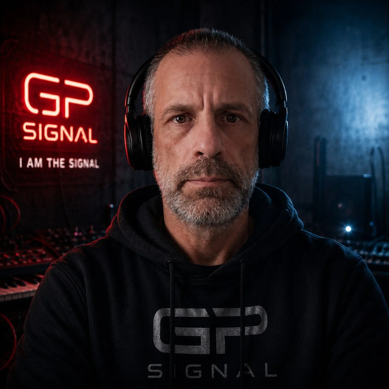 A middle-aged man with a beard and gray hair wearing headphones and a black hoodie with a logo, standing in a music studio with a neon sign that reads 'GP Signal' and 'I am the signal' in the background.